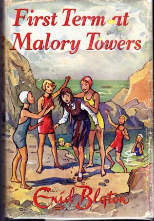 First Term at Malory Towers
Enid Blyton
Image description - Four girls outside a pond - one in school uniform, sopping wet; the others in old-fashined bathing suits. One girl almost falling into the pond. Two in the pond