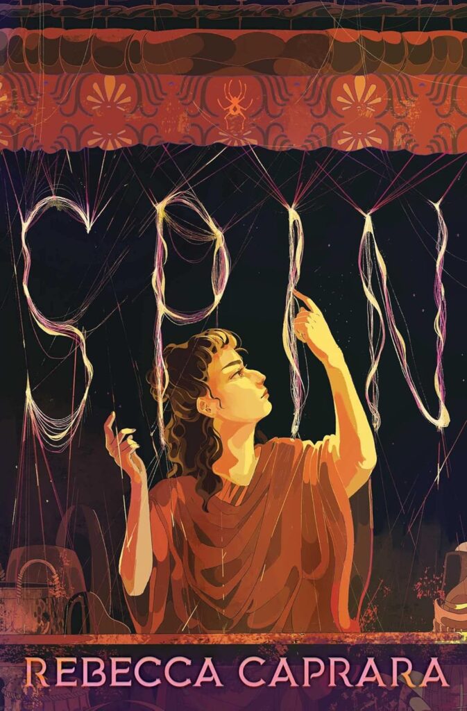 Book cover
SPIN
Rebecca Caprara
Illustration of a woman in robes, fingering the threads that form the gossamer lettering of the book title