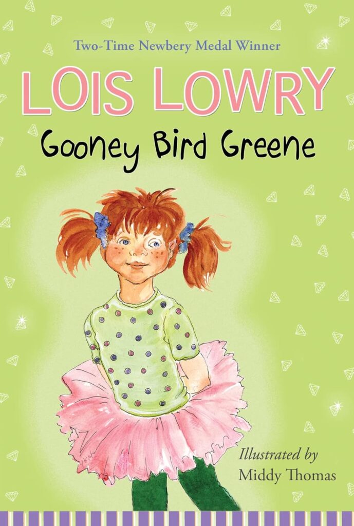 Book cover
Two-Time Newbery Medal Winner
Lois Lowry
Gooney Bird Greene
Illustrated by Middy Thomas
Illustration of a red-haired freckled girl in a green outfit with a pink tutu