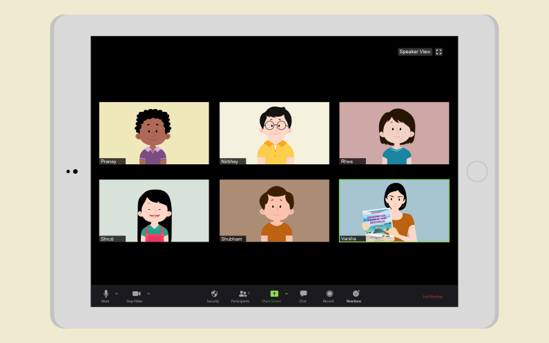 Illustration of a screenshot of an online session with six people