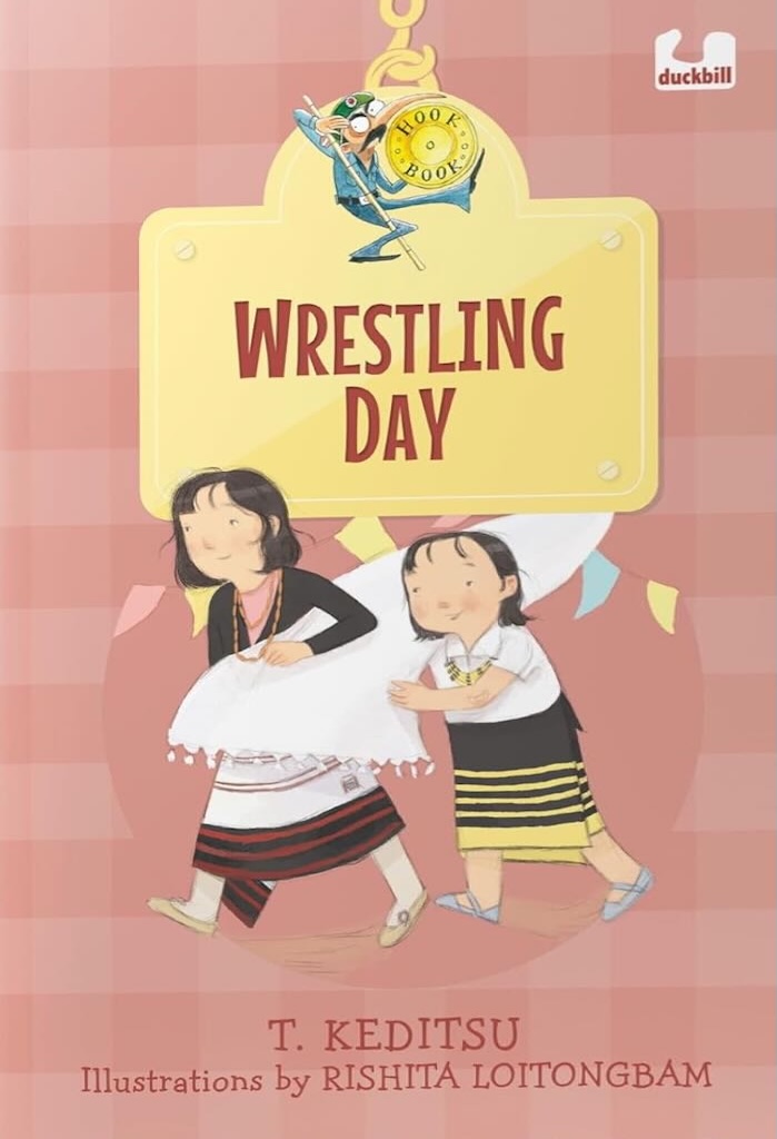 Book Cover
Wrestling Day
T. Keditsu
Illustrations by Rishita Loitongbam
Image of two children carrying a long shawl.