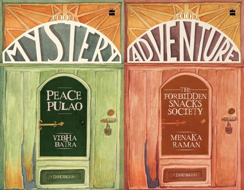 Two book covers: the text is on a pair of old-fashioned wooden doors.
Food Mystery
Peace Pulao
Vibha Batra
Food Adventure
The Forbidden Snacks Society
Menaka Raman
