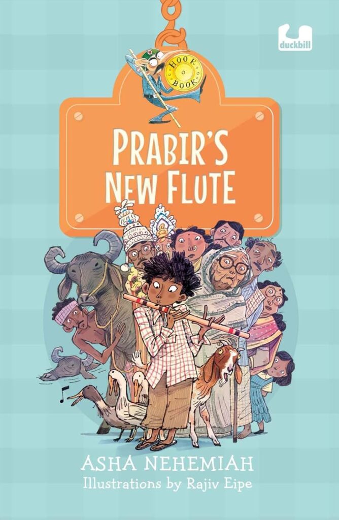 Book Cover
Prabir's New Flute
Asha Nehemiah
Illustrations by Rajiv Eipe
A boy playing a flute. Behind him, an assortment of people and animals, including a goat, buffaloes and ducks; children and old people