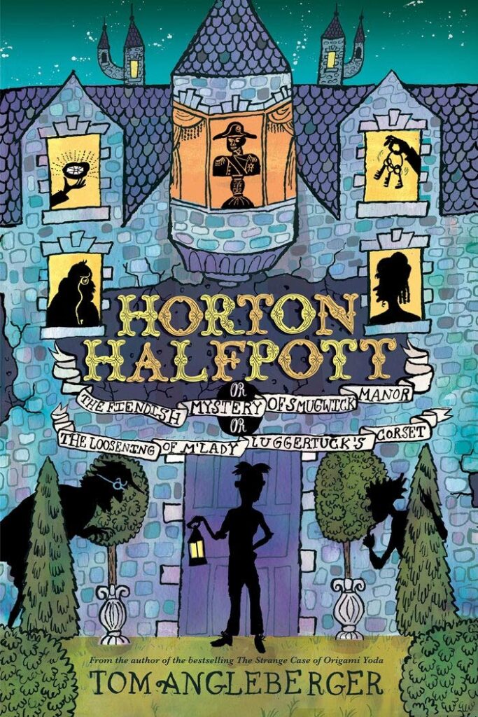 Book Cover
An old building with silhouettes in each window. The silhouette of a boy with a lantern is at the door