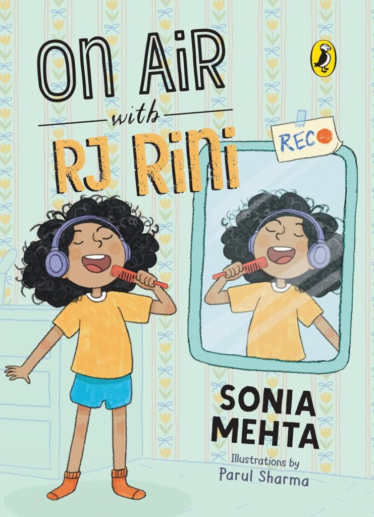 Book Cover
On Air with RJ Rini
Image of a child with headphones pretending to speak into a comb before a mirror