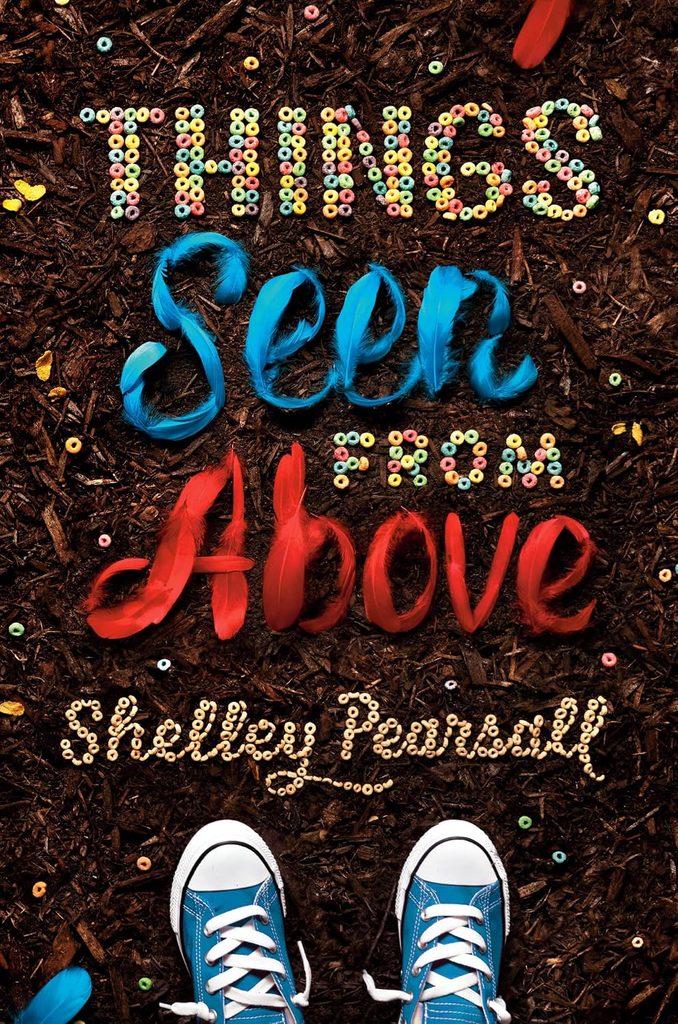 Book cover
Things Seen from Above
Shelley Pearsall
Top view of the lettering, which seems to be made of feathers and buttons, and a pair of sneakers at the foot of the page